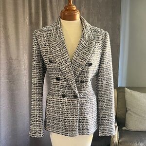 Elegant Navy, Blue and White Tweed Double-Breasted Jacket